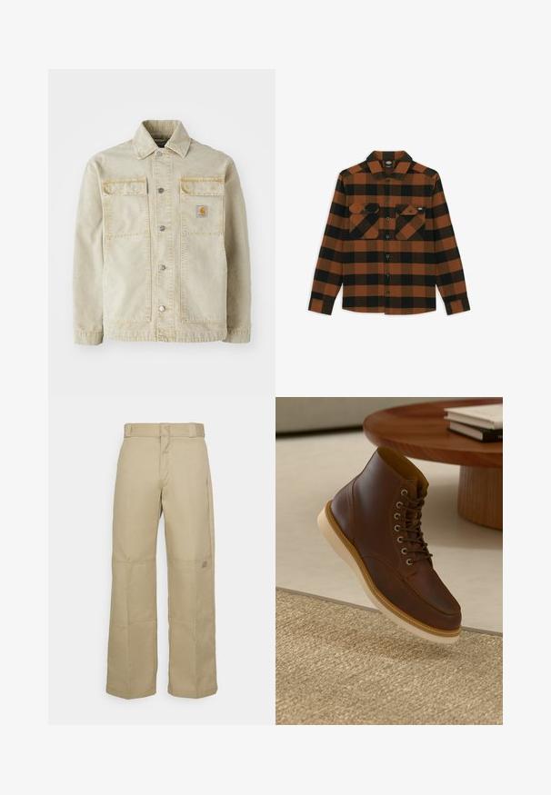 Chaqueta de denim beige con cierre de botones, dos bolsillos en el pecho, costura sutil y un pequeño parche logotipo en el bolsillo izquierdo.; Camisa de manga larga en un patrón de cuadros naranja y negro, hecha de una tela texturizada. Presenta dos bolsillos en el pecho y cierre frontal con botones.; Pantalones de pierna ancha color beige, confeccionados con una tela resistente, que presentan una cintura alta, costuras visibles y un pequeño parche con logo en el lateral.; Botín de cuero marrón con suela beige sobre una alfombra beige texturizada al lado de una mesa redonda de madera con libros apilados.