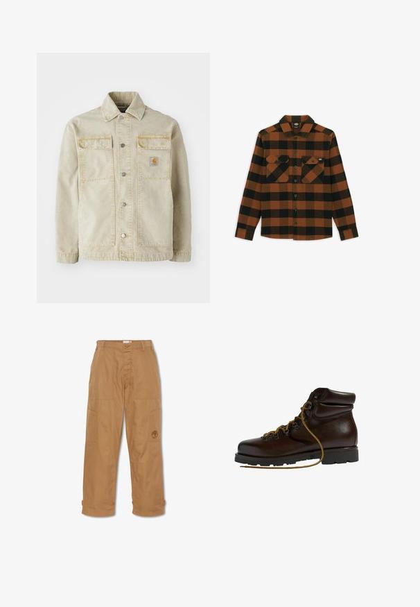 Beige spijkerjack met knoopsluiting, twee borstzakken, subtiele stiksels en een klein logo-patch op de linkerzak.; Langarmshirt in een oranje en zwart geruit patroon, gemaakt van een gestructureerde stof. Heeft twee borstzakken en een knoopsluiting aan de voorkant.; Khaki werkbroek, gemaakt van duurzaam materiaal, heeft meerdere zakken, een knoopsluiting en een geborduurd logo op de dij.; Bruine leren wandelschoen met een ronde neus, gestructureerd oppervlak, gele veters en metalen oogjes. Heeft een robuuste zwarte rubberen zool.