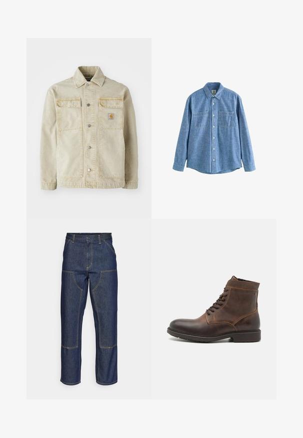 Chaqueta de denim beige con cierre de botones, dos bolsillos en el pecho, costura sutil y un pequeño parche logotipo en el bolsillo izquierdo.; Camisa azul de chambray de manga larga con botones al frente y dos bolsillos en el pecho, desplegada sobre un fondo blanco.; Jeans de mezclilla azul oscuro con cintura alta, diseño de pierna recta, costuras contrastantes y bolsillos de parche en la parte delantera.; Jack & Jones JFWDELANEY BOOT - Botines con cordones - cognac