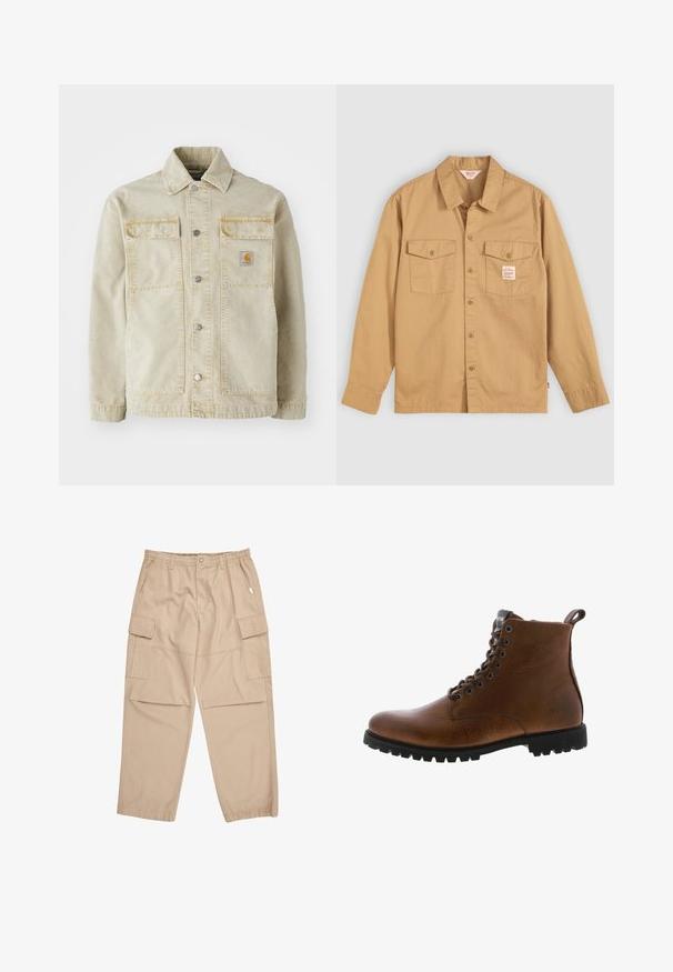 Veste en denim beige avec une fermeture à boutons, deux poches poitrine, des coutures discrètes et un petit patch logo sur la poche gauche.; Chemise beige à manches longues, avec deux poches sur la poitrine et une petite étiquette. Fabriquée en coton avec une texture lisse et un design de col classique.; Pantalons cargo beiges en coton, avec une taille élastique, plusieurs poches spacieuses et une coupe droite ample.; Bottines en cuir marron avec une finition texturée, œillets en métal et semelle en caoutchouc noir à crampons. Comprend une languette à l'arrière pour un enfilage facile.