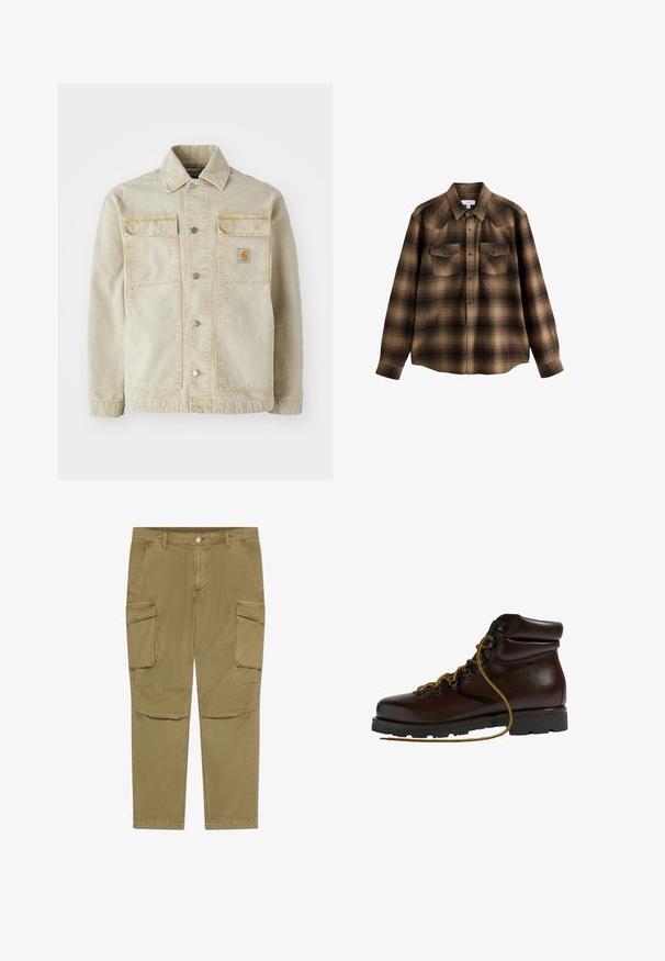 Beige spijkerjack met knoopsluiting, twee borstzakken, subtiele stiksels en een klein logo-patch op de linkerzak.; Bruin en zwart geruit overhemd met lange mouwen, kraag, drukknopen aan de voorkant en twee borstflapzakken met knopen.; Khaki cargobroek met knopen- en ritssluiting, voorzien van zijflappzakken en schuin geplaatste voorzakken.; Bruine leren wandelschoen met een ronde neus, gestructureerd oppervlak, gele veters en metalen oogjes. Heeft een robuuste zwarte rubberen zool.