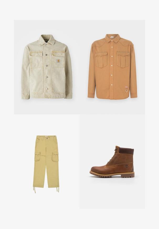 Veste en denim beige avec une fermeture à boutons, deux poches poitrine, des coutures discrètes et un petit patch logo sur la poche gauche.; Chemise en denim marron avec deux poches poitrine, col pointu, devant boutonné et coutures contrastées. Présente un patch logo et un détail boucle.; Pantalon cargo beige avec deux poches à rabat à l’avant, passants pour ceinture, fermeture par boutons et cordons aux ourlets.; Botte de randonnée en cuir marron avec une finition lisse, cheville rembourrée, œillets en métal et semelle en caoutchouc dotée d'un motif de crampons robuste.