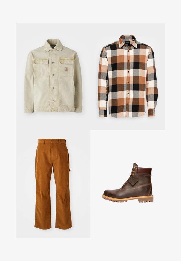 Beige denimjakke med knaplukning, to brystlommer, subtile sømme og et lille logo-patch på den venstre lomme.; Only & Sons ONSGUDMUND LIFE CHECK SHIRT - Skjorter - silver/coloured; Brune kordfløjlsbukser med en udvidet benstruktur, med sidelommer og en frontknaplukning. Teksturen er blød og ribbet.; Brun læder ankelstøvle med rund tå, solid sål, hardware i guldtone og en tekstureret overdel. Inkluderer et logo-tagfæstet.