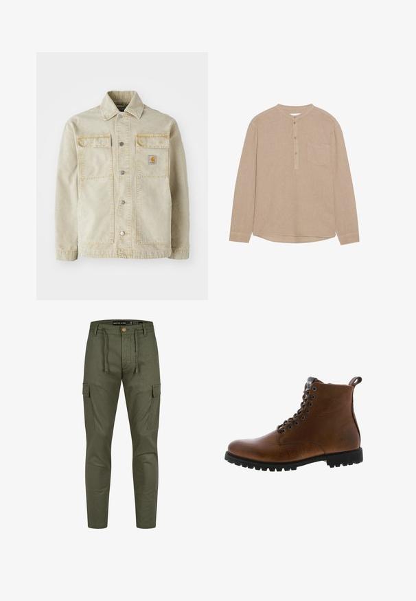 Beige denimjakke med knaplukning, to brystlommer, subtile sømme og et lille logo-patch på den venstre lomme.; Beige langærmet skjorte med henley halsudskæring, knaplukning, venstre brystlomme, blød tekstur og rundet kant.; Oliven grønne cargo-bukser med elastisk talje, struktureret stof, sidelommer og et slim fit design. Knaplukning foran.; Brune læder ankelstøvler med tekstureret overflade, metaløjer og sort gummisål. Har en træktab bagpå for nem påtagning.
