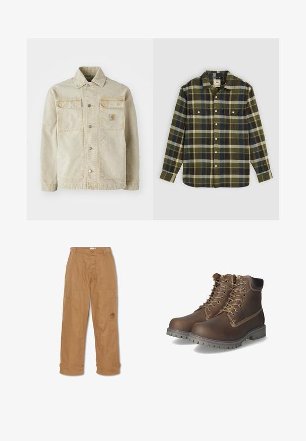 Beige spijkerjack met knoopsluiting, twee borstzakken, subtiele stiksels en een klein logo-patch op de linkerzak.; Groene geruite flanellen overhemd met lange mouwen, voorzien van twee borstzakken en witte knopen. Materiaal heeft een zachte textuur en een casual ontwerp.; Khaki werkbroek, gemaakt van duurzaam materiaal, heeft meerdere zakken, een knoopsluiting en een geborduurd logo op de dij.; Bruine leren enkellaarsjes met veters, een geveerd kraagje, contrasterende stiksels en een robuuste rubberen zool met grippatronen.
