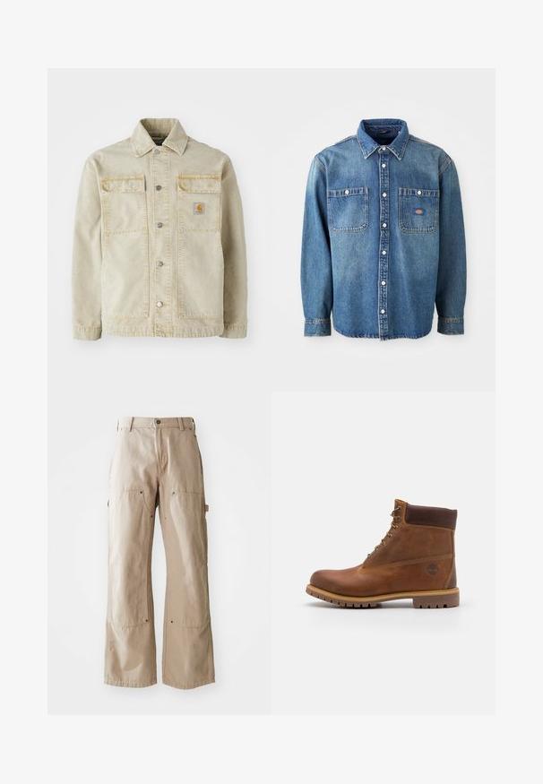 Chaqueta de denim beige con cierre de botones, dos bolsillos en el pecho, costura sutil y un pequeño parche logotipo en el bolsillo izquierdo.; Camisa de mezclilla en azul medio, con cuello de punta, dos bolsillos en el pecho y botones plateados. Mangas largas con puños abotonados.; Pantalones de pierna ancha beige, confeccionados en un resistente tejido de algodón. Cuenta con bolsillos delanteros y laterales, costuras visibles y acentos de metal en los bolsillos.; Botas de senderismo de cuero marrón con un acabado suave, tobillo acolchado, ojales de metal y suela de goma con un patrón de tracción robusto.