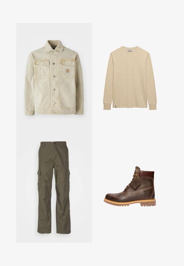 Veste en denim beige avec une fermeture à boutons, deux poches poitrine, des coutures discrètes et un petit patch logo sur la poche gauche.; T-shirt henley beige à manches longues avec col rond et trois boutons, avec un petit logo brodé sur la poitrine et une étiquette à l’ourlet.; Pantalons cargo olive avec une coupe droite, fabriqués en tissu texturé. Présente de grandes poches latérales et une fermeture à bouton.; Bottine en cuir marron avec un bout rond, une semelle robuste, des éléments en doré et un dessus texturé. Comprend une étiquette de logo attachée.