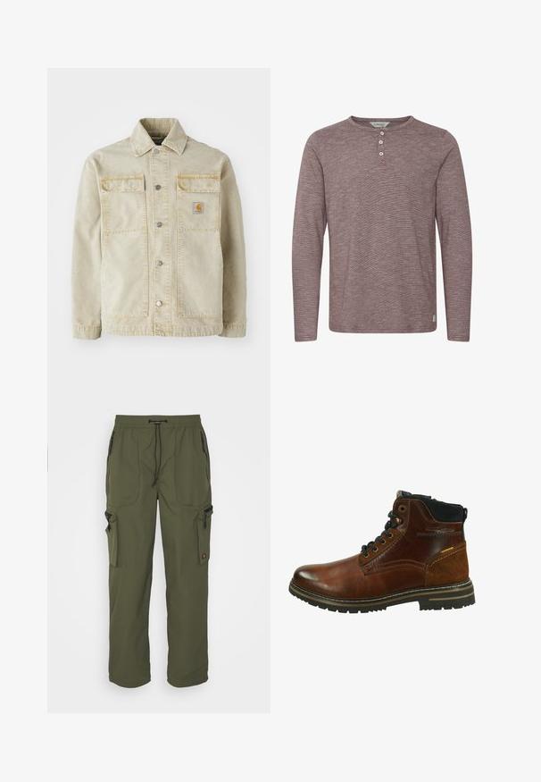 Beige denimjakke med knaplukning, to brystlommer, subtile sømme og et lille logo-patch på den venstre lomme.; Langærmet henley-skjorte i et blødt, tekstureret stof i en dæmpet mauve farve. Har tre knapper ved halsåbningen og minimal syning.; Oliven grøn cargo bukser lavet af let materiale, med elastisk talje, snorelukning og flere lynlåslommer.; Brun læder ankelstøvle med teksturerede suede accenter, sorte snørebånd og en solid gummisål. Har dekorativ syning og metaløjer.