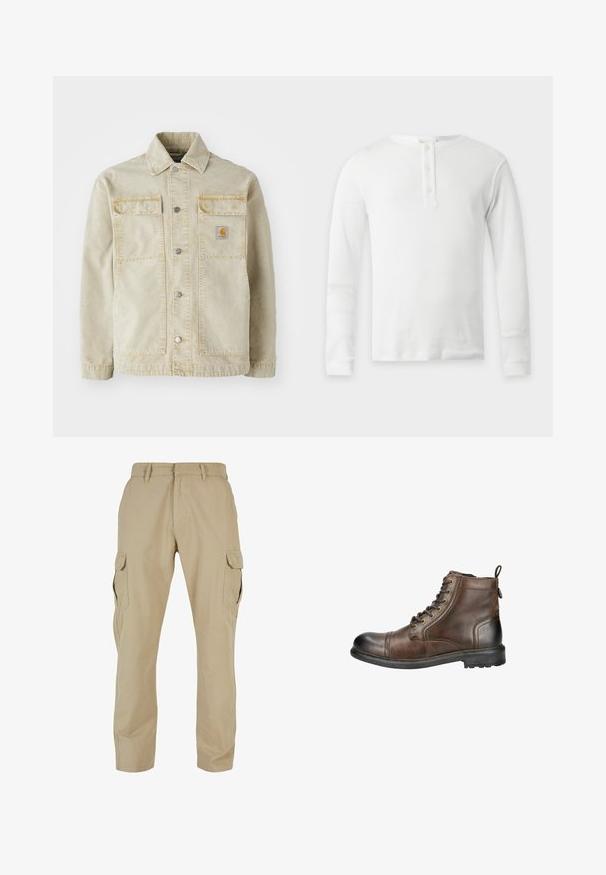 Beige Denimjacke mit Knopfverschluss, zwei Brusttaschen, dezenten Nähten und einem kleinen Logo-Patch auf der linken Tasche.; Weißes Thermo-Langarmshirt mit rundem Ausschnitt und Drei-Knopf-Leiste, flach auf hellem Hintergrund präsentiert.; Beige Cargo-Hosen aus Baumwolltwill mit mehreren Seitentaschen, geradem Bein Design und einem Reißverschluss mit Gürtelschlaufen.; Braune Leder-Ankle Boots mit einer abgerundeten Spitze, Schnürung vorne und einer Schlaufe zum Anziehen hinten. Mit einer robusten Sohle mit Profil für besseren Halt.