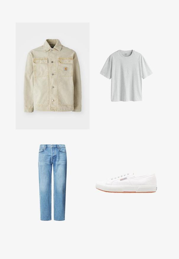 Beige Denimjacke mit Knopfverschluss, zwei Brusttaschen, dezenten Nähten und einem kleinen Logo-Patch auf der linken Tasche.; Hellgraues T-Shirt mit kurzen Ärmeln aus einem weichen, glatten Stoff, mit rundem Ausschnitt und lockerem Schnitt. Keine sichtbaren Muster oder Grafiken.; Helle blaue Denim-Jeans mit geradem Schnitt, fünf Taschen und klassischem Knopf- und Reißverschluss. Dezente, verblichene Textur im gesamten Stoff.; Weiße Leinensneaker mit Gummisohle, Schnürdesign und einem kleinen Logolabel an der Seite. Strukturierte weiße Oberseite und braune Außensohle.