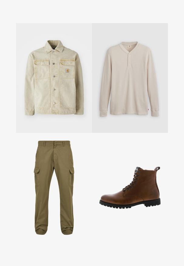 Beige denimjakke med knaplukning, to brystlommer, subtile sømme og et lille logo-patch på den venstre lomme.; Langærmet henley-skjorte i lys beige ribbet stof, med V-hals, tre-knap placket og manchetter ved ærmerne. Rød logo-tags ved kanten.; Grønne cargo bukser med lige pasform, lavet af bomuld, med sidelommer og knaplukning for funktionalitet. Glat tekstur, afslappet design.; Brune læder ankelstøvler med tekstureret overflade, metaløjer og sort gummisål. Har en træktab bagpå for nem påtagning.