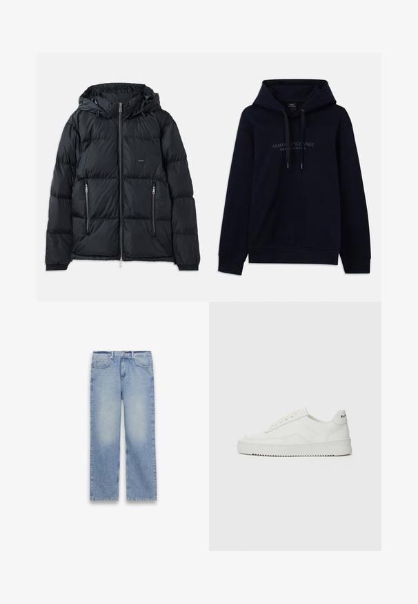 Chaqueta acolchada negra con cierre delantero, capucha ajustable, dos bolsillos laterales con cremallera y un diseño texturizado acolchado. Presenta un parche de logo.; Sudadera azul marino con cordones y "Armani Exchange Milano / New York" impreso en el pecho, con puños y dobladillo de canalé.; Vaqueros de mezclilla azul claro de corte recto con cinco bolsillos, trabillas para cinturón y cierre de botón y cremallera.; Zapatilla de cuero blanca con un acabado suave, puntera redonda, cordones planos y suela texturizada. Cuenta con un sutil logo en el talón.