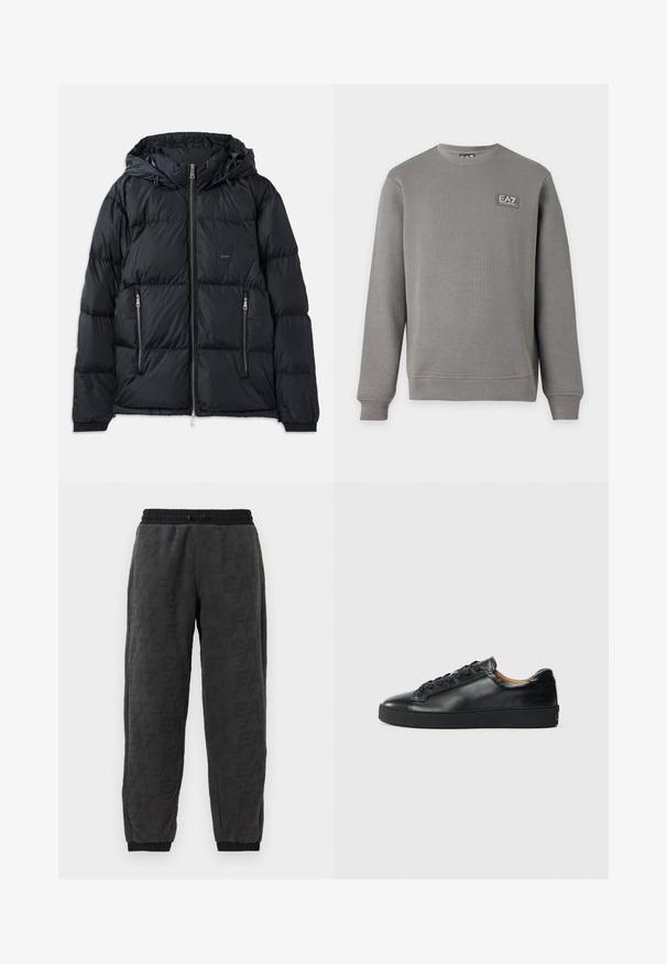 Chaqueta acolchada negra con cierre delantero, capucha ajustable, dos bolsillos laterales con cremallera y un diseño texturizado acolchado. Presenta un parche de logo.; Sudadera gris de manga larga y cuello redondo con puños y bajo acanalados, con un pequeño parche con el logo EA7 Emporio Armani en la parte superior izquierda del pecho.; Pantalones de chándal grises con una tela texturizada, que presentan un patrón de logotipos en toda la prenda, cinturilla elástica y puños elásticos en los tobillos.; Zapatilla negra de cuero con una textura suave, puntera redonda y cierre de cordones. Presenta una suela de goma gruesa y un detalle de marca mínimo.