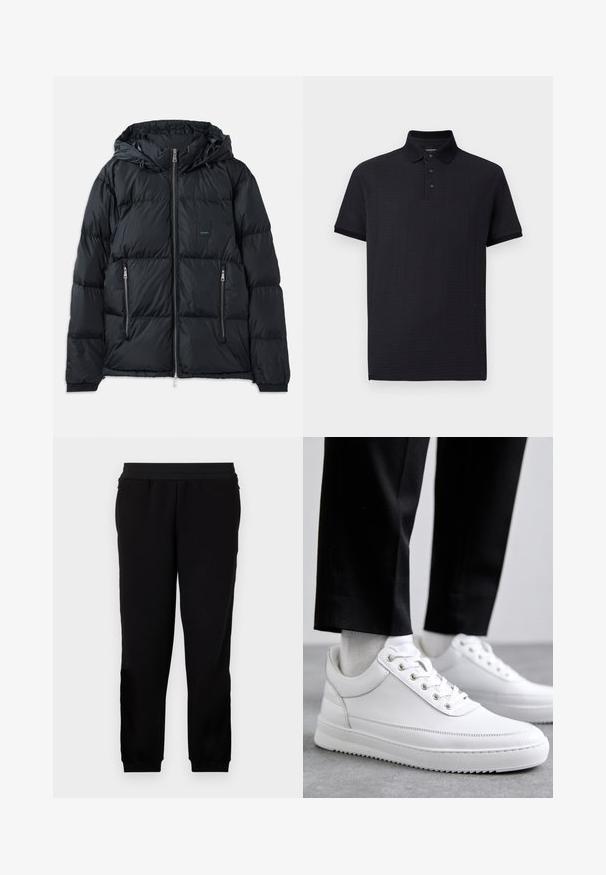 Chaqueta acolchada negra con cierre delantero, capucha ajustable, dos bolsillos laterales con cremallera y un diseño texturizado acolchado. Presenta un parche de logo.; Polo negro con un patrón texturizado, tapeta de tres botones y cuello clásico. Mangas cortas y dobladillo recto. Tela suave.; Pantalones de chándal negros hechos de un material suave, con una banda elástica en la cintura, puños ajustados y bolsillos laterales para mayor comodidad.; Zapatillas de cuero blanco con una suela de goma plana, que presentan un acabado suave, punta redonda y ojetes de metal para los cordones. Llevadas con pantalones negros.