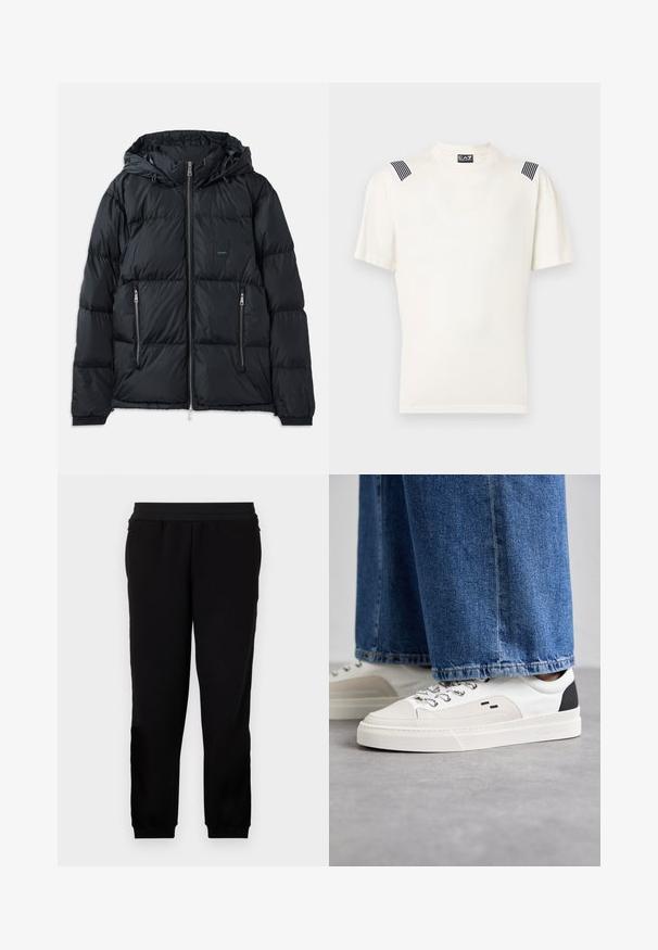 Chaqueta acolchada negra con cierre delantero, capucha ajustable, dos bolsillos laterales con cremallera y un diseño texturizado acolchado. Presenta un parche de logo.; Camiseta blanca de algodón con mangas cortas, que presenta acentos de rayas negras en los hombros y un sutil logotipo de la marca en el centro.; Pantalones de chándal negros hechos de un material suave, con una banda elástica en la cintura, puños ajustados y bolsillos laterales para mayor comodidad.; Zapatillas blancas y negras con una parte superior de cuero suave, acentos texturizados y una suela blanca gruesa. Presenta un diseño clásico de cordones.