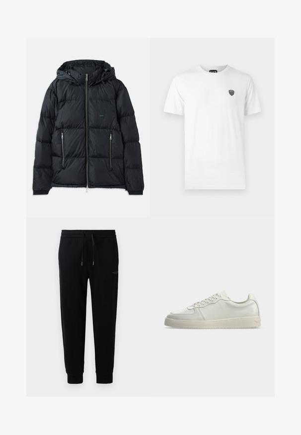Doudoune noire avec fermeture éclair sur le devant, capuche ajustable, deux poches latérales zippées, et un design texturé et matelassé. Présente un patch logo.; T-shirt en coton blanc à manches courtes, avec un petit logo noir sur la zone de la poitrine gauche. Design classique à col rond.; Pantalons de sport noirs en mélange de coton, dotés d'une taille élastique avec cordon de serrage, de chevilles côtelées et d'une impression de logo discrète sur le côté.; Basket basse en cuir blanc avec fermeture à lacets et semelle en caoutchouc blanc cassé, vue de profil sur un fond uni.