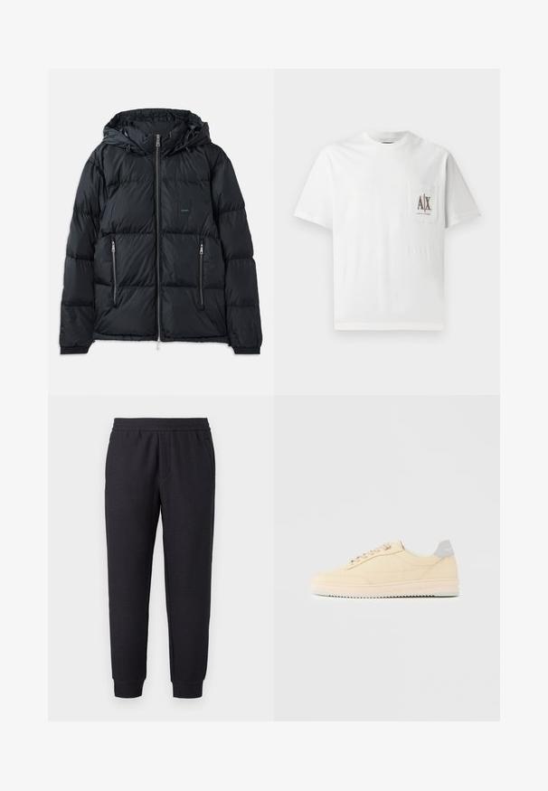 Chaqueta acolchada negra con cierre delantero, capucha ajustable, dos bolsillos laterales con cremallera y un diseño texturizado acolchado. Presenta un parche de logo.; Camiseta de algodón blanca con mangas cortas, cuello redondo y un bolsillo en el pecho izquierdo con el logotipo bordado "A|X" en marrón.; Pantalones deportivos negros con corte cónico, cinturilla y puños elásticos, con un sutil patrón texturizado y bolsillos laterales.; Zapatilla deportiva beige de corte bajo con cierre de cordones en la parte delantera, suela rosa claro y lengüeta trasera gris con la marca "Filling Pieces", mostrada de perfil sobre un fondo liso.