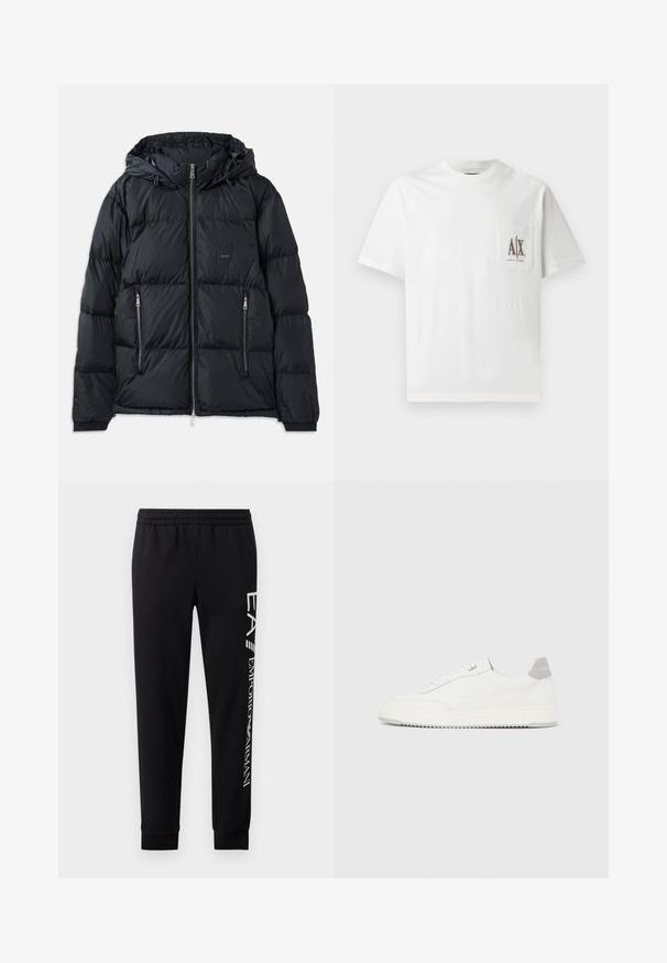 Doudoune noire avec fermeture éclair sur le devant, capuche ajustable, deux poches latérales zippées, et un design texturé et matelassé. Présente un patch logo.; T-shirt en coton blanc avec des manches courtes, un col rond et une poche sur la poitrine gauche ornée d'un logo brodé "A|X" en marron.; Pantalons de survêtement noirs en mélange de coton, dotés d'une taille élastique, de jambes fuselées, de poignets côtelés et d'un imprimé logo blanc sur le côté.; Baskets basses blanches avec un onglet de talon gris, des lacets blancs et une semelle texturée, présentées sur un fond uni clair.