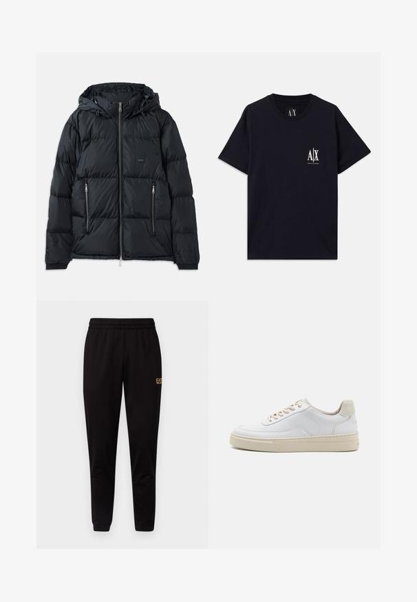 Chaqueta acolchada negra con cierre delantero, capucha ajustable, dos bolsillos laterales con cremallera y un diseño texturizado acolchado. Presenta un parche de logo.; Camiseta de algodón negra de manga corta, con escote redondo y logotipo blanco en el lado izquierdo del pecho. Textura suave y corte holgado.; Pantalones de chándal negros con cintura elástica, puños ajustados y un pequeño logo amarillo en la parte superior de la pierna izquierda. Textura de tela suave y lisa.; Zapatilla blanca con parte superior de cuero suave, cordones beige y un tirador de talón de ante beige texturizado. Suela elevada para mayor altura.