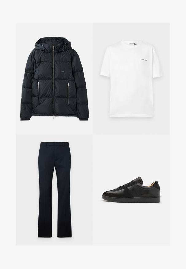 Chaqueta acolchada negra con cierre delantero, capucha ajustable, dos bolsillos laterales con cremallera y un diseño texturizado acolchado. Presenta un parche de logo.; Camiseta blanca de manga corta con cuello redondo y pequeño logo de texto "Tiger of Sweden" en el pecho izquierdo.; Pantalones de vestir negros de pierna recta con trabillas para cinturón y cremallera frontal, mostrados planos sobre un fondo claro.; Tiger of Sweden BELLICU - Zapatillas - black