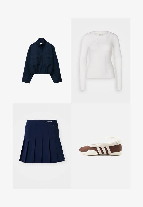 Veste courte bleu marine avec col montant, deux grandes poches à rabat à l'avant, manches longues et ourlet élastiqué.; Haut à manches longues blanc en tissu côtelé avec un col rond. Le tissu est lisse, avec une texture subtile et une coupe ajustée. Pas de matériel ou de motifs visibles.; Jupe plissée bleu marine en tissu léger ; elle présente une taille élastique et une petite poche zippée, avec un logo Adidas blanc à l'avant.; Chaussure plate de ballet marron et blanche avec trois bandes blanches et un nœud à nouer à la cheville sur un fond clair uni.