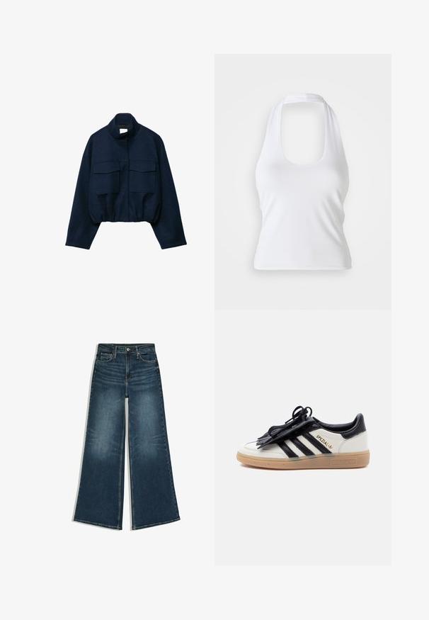 Veste courte bleu marine avec col montant, deux grandes poches à rabat à l'avant, manches longues et ourlet élastiqué.; Haut halter blanc avec un décolleté en forme de cœur, fabriqué en tissu lisse et extensible. Présente un design minimaliste sans embellissements ni motifs.; Jean en denim bleu à jambes larges avec bouton sur le devant et poches, posé à plat sur fond blanc.; Baskets Adidas Spezial blanches et noires avec semelle en gomme, bandes noires et cache-lacets noir sur un fond clair uni.