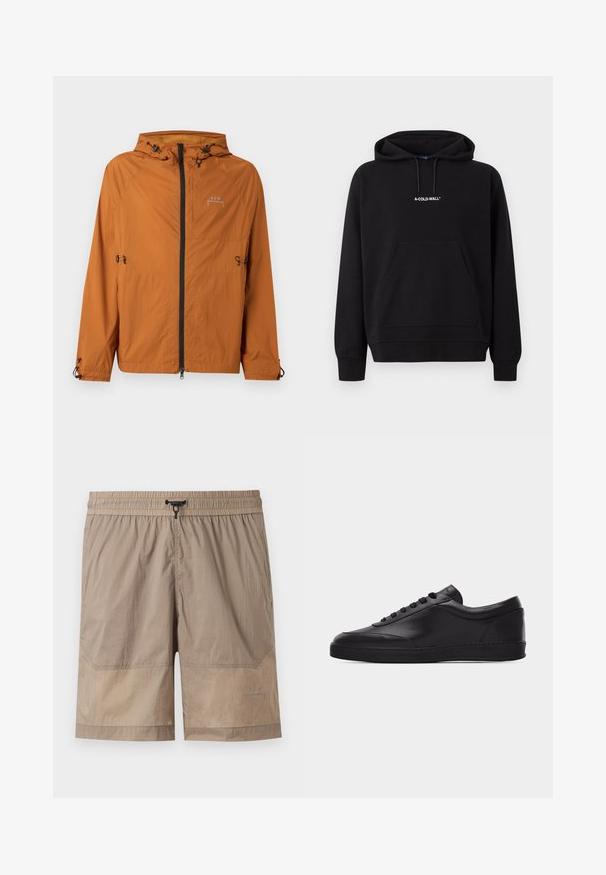 Veste légère à capuche orange rouille avec fermeture éclair noire à l'avant, cordons réglables à la capuche, à la taille et aux poignets, et logo sur la poitrine.; Sweat à capuche noir avec poche ventrale et logo blanc "A-COLD-WALL*" centré sur la poitrine.; Shorts beige pour hommes avec taille élastique, cordon noir réglable et logo AGW discret sur la partie inférieure de la jambe droite.; Baskets basses en cuir noir avec lacets sur le devant et semelle en caoutchouc plate, vues de côté sur un fond blanc uni.