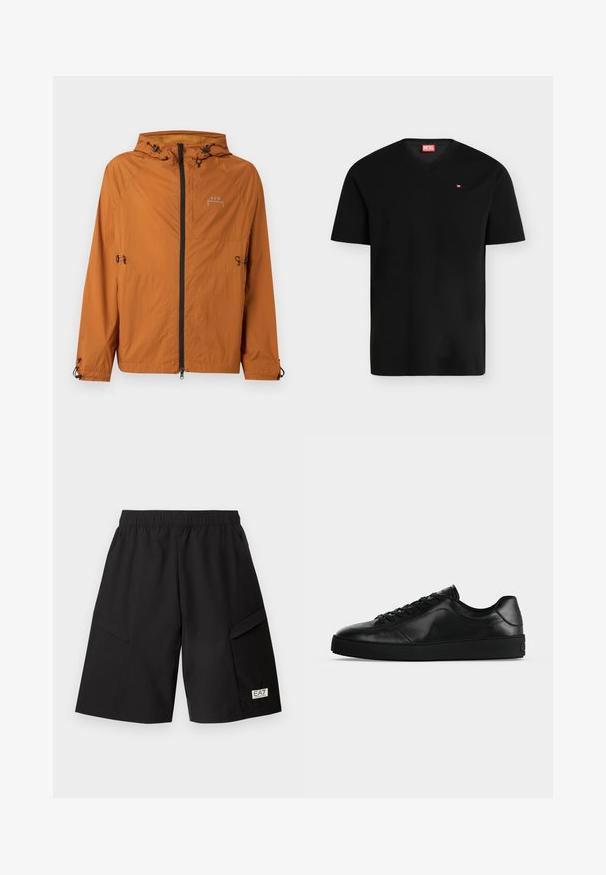 Veste légère à capuche orange rouille avec fermeture éclair noire à l'avant, cordons réglables à la capuche, à la taille et aux poignets, et logo sur la poitrine.; T-shirt noir à manches courtes et col en V avec un petit écusson rouge Diesel sur la poitrine gauche ; présenté sur un fond clair uni.; Shorts noirs longueur genou avec taille élastique, poches cargo latérales et un petit patch logo EA7 Emporio Armani sur la jambe gauche.; Sneaker noir en cuir à profil bas avec lacets sur le devant et semelle plate texturée, montré de profil sur un fond neutre.