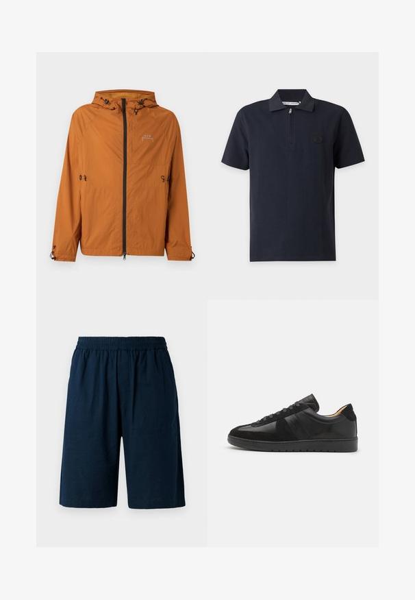 Veste légère à capuche orange rouille avec fermeture éclair noire à l'avant, cordons réglables à la capuche, à la taille et aux poignets, et logo sur la poitrine.; Polo bleu marine à manches courtes avec une fermeture éclair au col et un petit logo rond sur la poitrine gauche.; Shorts bleu marine en tissu léger, dotés d'une taille élastique et d'une coupe décontractée, avec deux poches latérales.; Tiger of Sweden BELLICU - Baskets basses - black