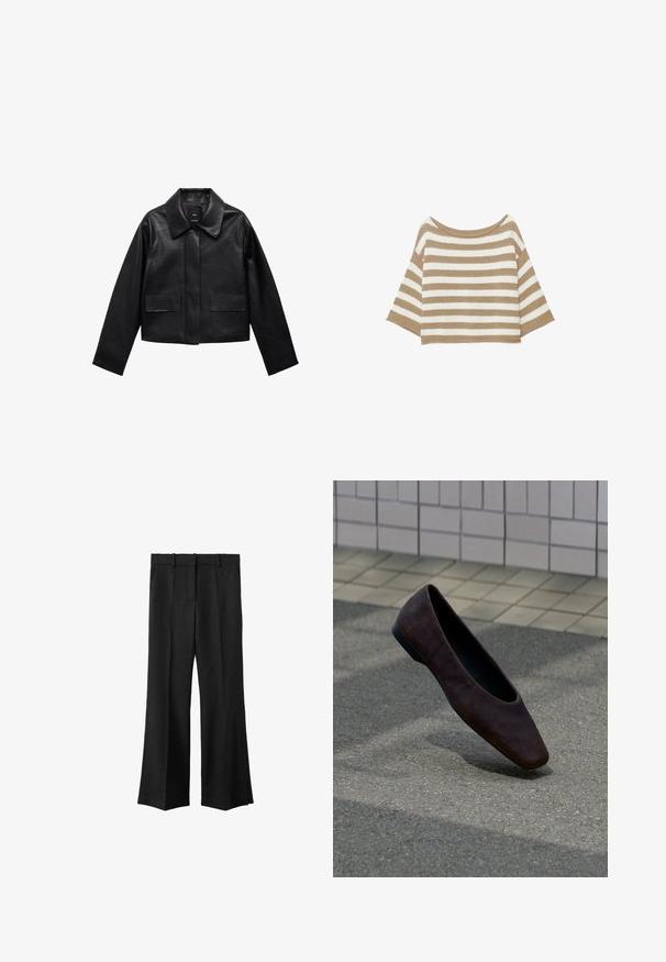 Sort cropped læderjakke med krave, frontlukning med knapper og to store flaplommer. Glat tekstur og struktureret form.; Beige og hvid stribet trøje i strik med brede, albuelange ærmer og en bred rund halsudskæring.; Sorte brede bukser med flad front, bæltestropper og to sidelommer. Lavet af et struktureret stof, der har en skræddersyet pasform.; Enkelt mørkebrun flad sko svævende over tekstureret jord med baggrund af flisebelagt væg.