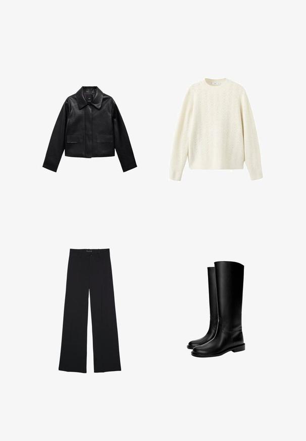 Sort cropped læderjakke med krave, frontlukning med knapper og to store flaplommer. Glat tekstur og struktureret form.; Cremefarvet strikket sweater med et struktureret, fiskebensmønster, rund halsudskæring og lange ærmer, der har en lige-skåret nederste kant.; Sorte bukser med vide ben, bæltestropper, knaplukning foran og lynlås, lagt fladt på en hvid baggrund.; Sorte knæhøje læderstøvler med en glat tekstur, rund tå, flad sål og minimalistisk design, der har syede sømme og ingen synlige metaldele.