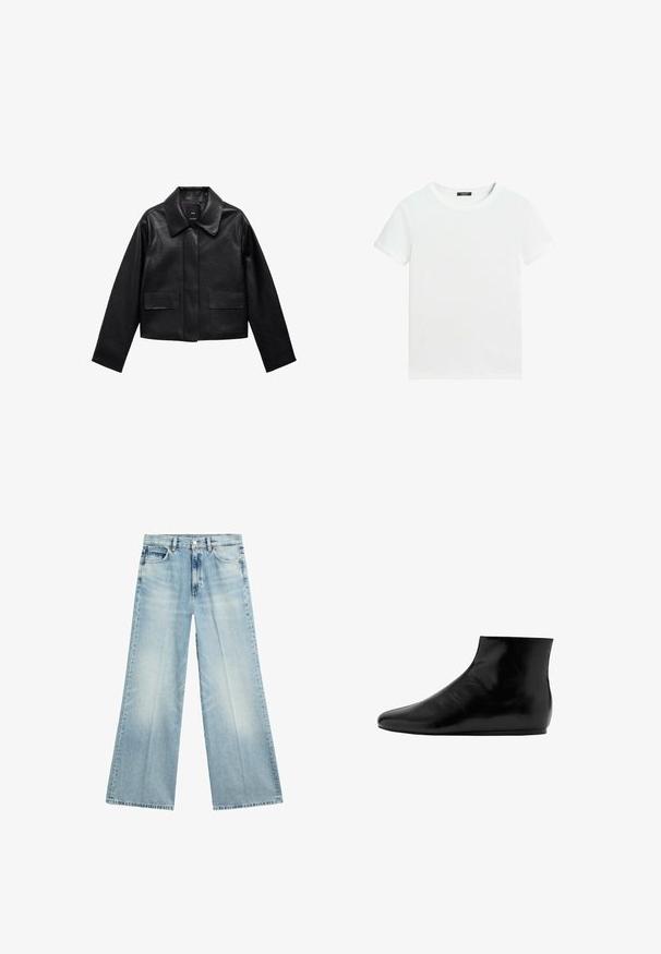 Sort cropped læderjakke med krave, frontlukning med knapper og to store flaplommer. Glat tekstur og struktureret form.; Almindelig hvid T-shirt med korte ærmer, rund halsudskæring og lille sort label inden i kraven.; Lyseblå vidde jeans med lommer foran og bæltestropper, lagt fladt på en hvid baggrund.; Sort læder ankelstøvle med en glat overflade, flad sål, rund tå og et minimalistisk design.
