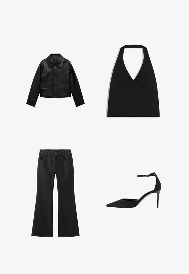 Sort cropped læderjakke med krave, frontlukning med knapper og to store flaplommer. Glat tekstur og struktureret form.; Sort halterneck crop top med dyb V-udskæring og bred nakkestrop mod en hvid baggrund.; Sorte denim flared jeans med høj talje, fem lommen design, kontrast syninger og klassisk knaplukning.; Sort spids højhælet sko lavet af glat materiale, med en ankelrem med sølvspænde og en slank hæl.