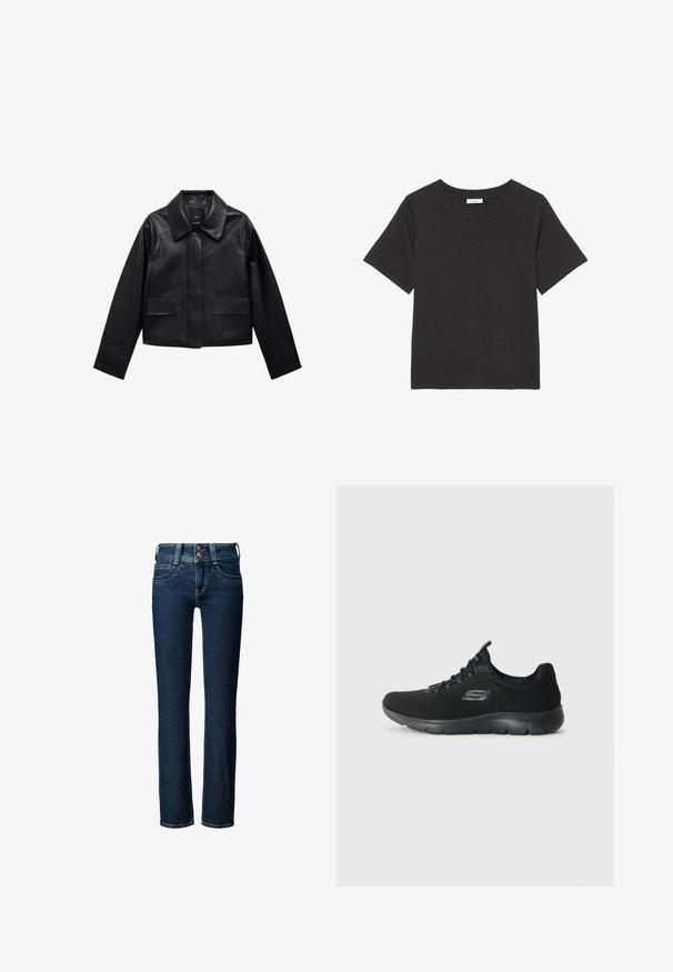 Zwart cropped leren jasje met een kraag, sluiting met voorste knopen en twee grote klepzakken. Vlotte textuur en gestructureerde vorm.; Zwarte t-shirt van zachte stof, met een ronde halslijn en korte mouwen. Het ontwerp is eenvoudig zonder zichtbare patronen of accenten.; Donkerblauwe rechte spijkerbroek met dubbele knoop- en ritssluiting, voor- en achterzakken en riemlussen.; Zwarte sportschoenen met een mesh bovenwerk, ronde neus, textuurzool en vetersysteem. Voorzien van een subtiele logo aan de zijkant.