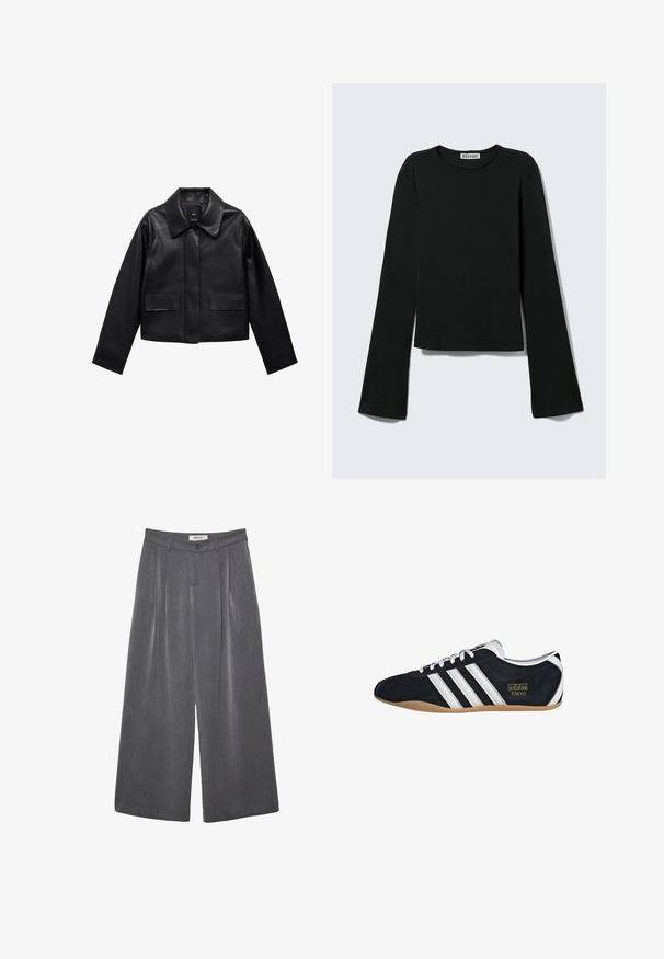 Sort cropped læderjakke med krave, frontlukning med knapper og to store flaplommer. Glat tekstur og struktureret form.; Sort langærmet rundhalset skjorte med en figursyet silhuet og let udvidede ærmer, mærket med "Weekday" brandetiketten ved halsudskæringen.; Grå vidde bukser med læg, lavet af blødt stof. Har knaplukning og en skræddersyet linning.; Sort ruskinds sneaker med hvide tre striber, guldlogo og en brun gummisål. Har et lavprofil snørebåndsdesign.