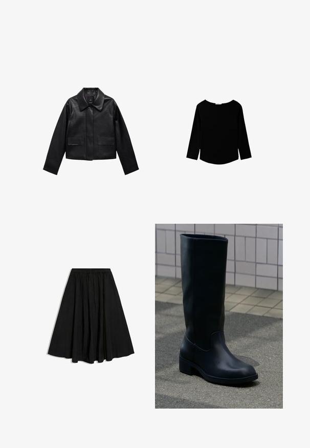 Sort cropped læderjakke med krave, frontlukning med knapper og to store flaplommer. Glat tekstur og struktureret form.; Sort langærmet skjorte med rund halsudskæring og let buet kant, vist på en hvid baggrund.; Sort A-formet midi-nederdel med elastisk talje og diskrete læg, vist på hvid baggrund.; Høj sort læderstøvle med lav chunky hæl, der står på fortov nær flisebeklædt væg baggrund.