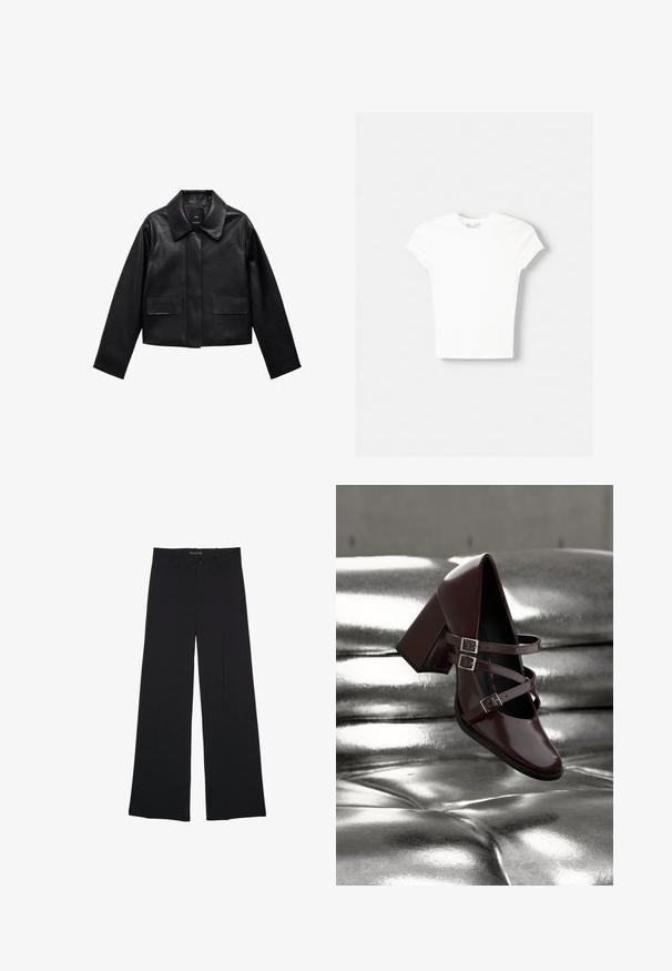 Sort cropped læderjakke med krave, frontlukning med knapper og to store flaplommer. Glat tekstur og struktureret form.; Hvid kortærmet t-shirt lavet af blød bomuld, med rund halsudskæring og en tætsiddende form. Ingen synlige mønstre eller udsmykninger.; Sorte bukser med vide ben, bæltestropper, knaplukning foran og lynlås, lagt fladt på en hvid baggrund.; Blank, mørk bordeaux Mary Jane-sko med tre remme og sølvspænder svæver over en sølvmetallic polstret overflade.