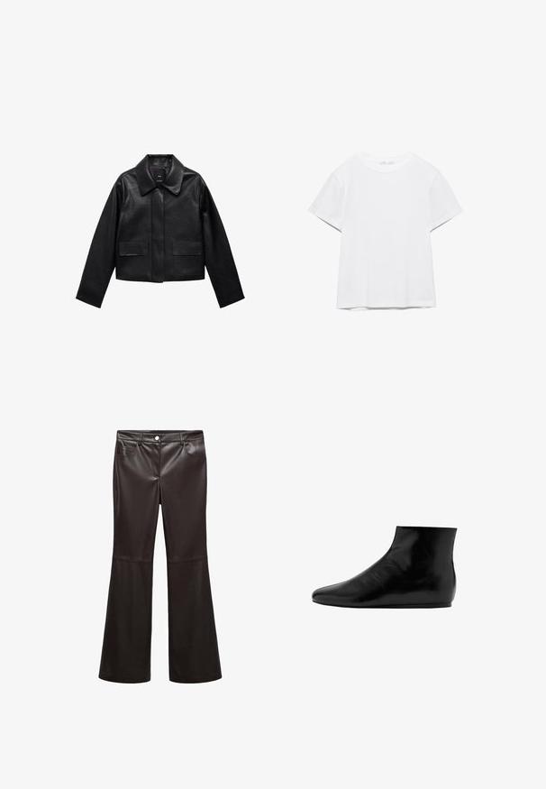 Sort cropped læderjakke med krave, frontlukning med knapper og to store flaplommer. Glat tekstur og struktureret form.; Hvid, kortærmet T-shirt med rund hals og lige kant, vist på en hvid baggrund.; Sorte flare bukser lavet af glat kunstlæder, med forlommer, lynlås og en sølvknap. Desuden detaljeret syning.; Sort læder ankelstøvle med en glat overflade, flad sål, rund tå og et minimalistisk design.