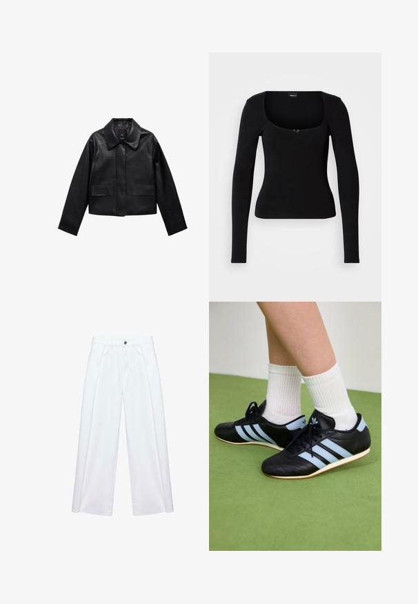 Zwart cropped leren jasje met een kraag, sluiting met voorste knopen en twee grote klepzakken. Vlotte textuur en gestructureerde vorm.; Zwart nauwsluitend shirt met lange mouwen, vierkante halslijn en een klein decoratief strikje middenvoor.; Witte wijde broek met plooien aan de voorkant, riemlussen, zijzakken en sluiting met knoop en ritssluiting.; Zwarte leren sportschoenen met lichtblauwe strepen, gemêleerde bovenkant en rubberen zolen, gecombineerd met witte geribde sokken op groene vloer.