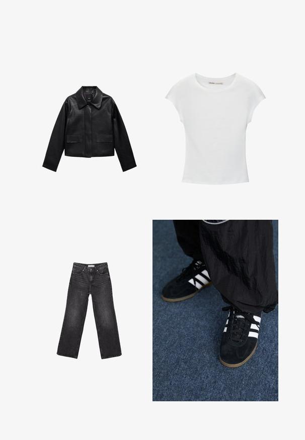 Sort cropped læderjakke med krave, frontlukning med knapper og to store flaplommer. Glat tekstur og struktureret form.; Hvid bomuld t-shirt med korte, opsmøgede ærmer, rund halsudskæring og lige kant. Glat tekstur uden synlige mønstre eller detaljer.; Sorte denimjeans med brede ben, for- og baglommer, knaplukning og bæltestropper, lagt fladt på en hvid baggrund.; Sorte suedetrainingssko med tre hvide striber og sorte snørebånd. Et tekstureret sort bukser er delvist synligt ved siden af skoene.