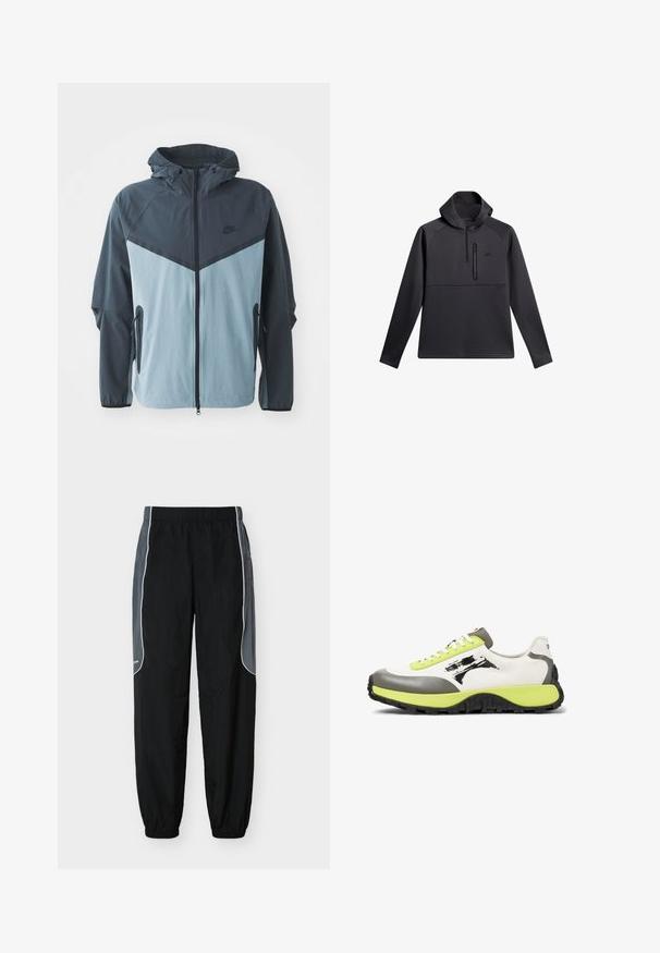 Windbreaker-Jacke mit Kapuze, vorderem Reißverschluss, dunkelblauem und hellblauem Blockdesign sowie seitlichen Reißverschlusstaschen.; Schwarzer Pullover mit Kapuze, ausgestattet mit einem Viertel-Reißverschluss auf der Vorderseite, Raglanärmeln und einer mit Reißverschluss versehenen Brusttasche; glatte Textur und sportliches Design.; Schwarze Jogginghosen mit dunkelgrauen Seitenpaneelen und weißer Paspelierung, elastischem Bund und Bündchen, vor weißem Hintergrund gezeigt.; Die Sneakers verfügen über ein weißes Obermaterial aus Canvas, graue Gummielemente, neongrüne Schnürsenkel, ein auffälliges Logo und eine strukturierte schwarze Sohle für besseren Grip.