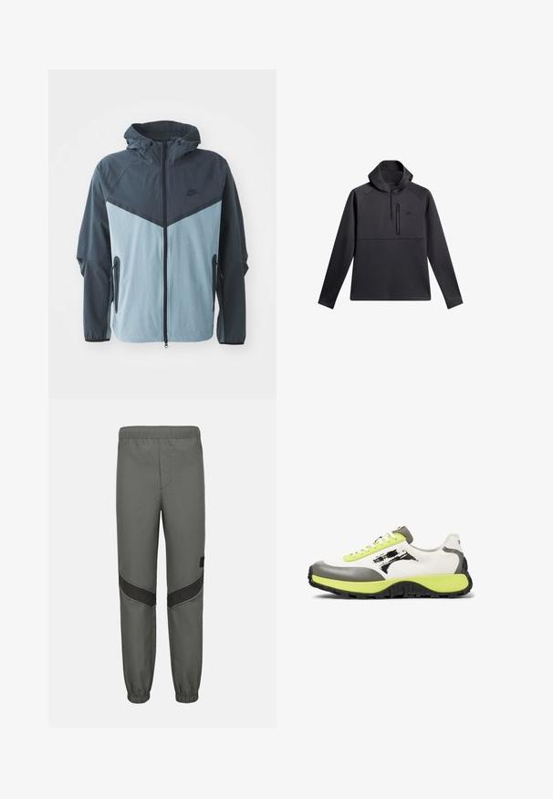 Vindjakke med hætte, frontlynlås, mørkeblå og lyseblå farveblokdesign samt sidelommer med lynlås.; Sort pullover med hætte, der har en kvart lynlås foran, raglanærmer og en lynlåslomme på brystet; glat tekstur og atletisk design.; Grå løbebukser med elastisk talje, sorte chevron-paneler på knæene og elastiske manchetter, designet til afslappet eller atletisk brug.; Sneakers har en overdel af hvidt lærred, grå gummidetaljer, neongrøn snørebånd, et fremtrædende logo og en struktureret sort sål for greb.