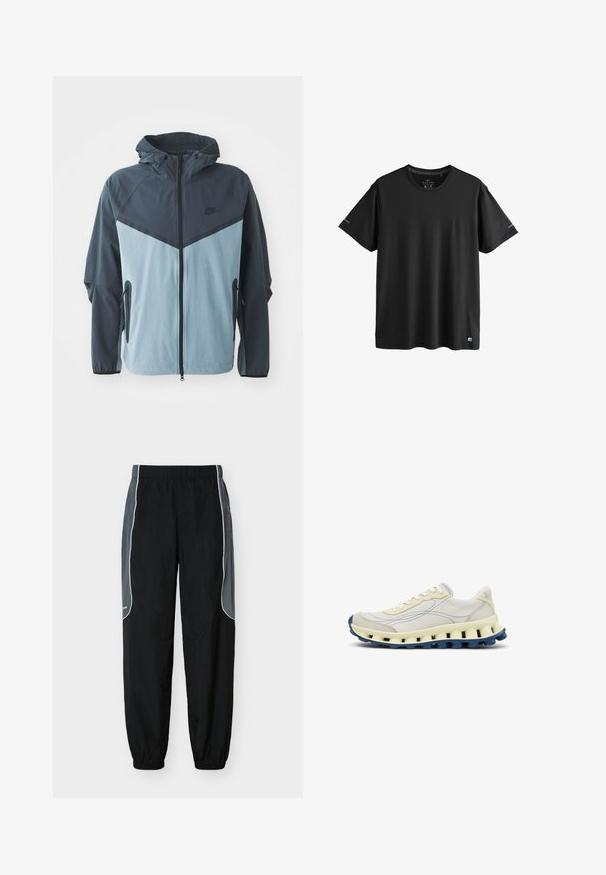 Windbreaker-Jacke mit Kapuze, vorderem Reißverschluss, dunkelblauem und hellblauem Blockdesign sowie seitlichen Reißverschlusstaschen.; Schwarzes, kurzärmeliges Activewear-T-Shirt mit Rundhalsausschnitt, dezenten Logos an den Ärmeln und am unteren Saum, Größe M.; Schwarze Jogginghosen mit dunkelgrauen Seitenpaneelen und weißer Paspelierung, elastischem Bund und Bündchen, vor weißem Hintergrund gezeigt.; Hellbeiger Sneaker mit blauer Naht, dicker cremefarbener Zwischensohle mit Aussparungen und dunkelblauer strukturierter Außensohle, von der Seite auf weißem Hintergrund gesehen.