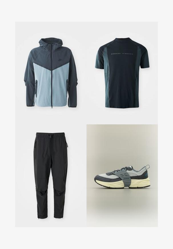 Chaqueta cortavientos con capucha, cierre frontal, diseño en bloques de color azul oscuro y azul claro, y bolsillos laterales con cremallera.; Camiseta Nike Tech de manga corta, con un cuerpo en azul marino oscuro y paneles laterales en teal claro, y un cuello alto. Logo impreso en la parte delantera.; Pantalones ligeros negros con cintura elástica, cordón ajustable, bolsillos laterales con cremallera, rodilleras articuladas y cremalleras en los tobillos.; Zapatilla baja con parte superior de malla gris y ante, entresuela color crema, suela exterior negra y una amplia correa gris atravesando el mediopié.