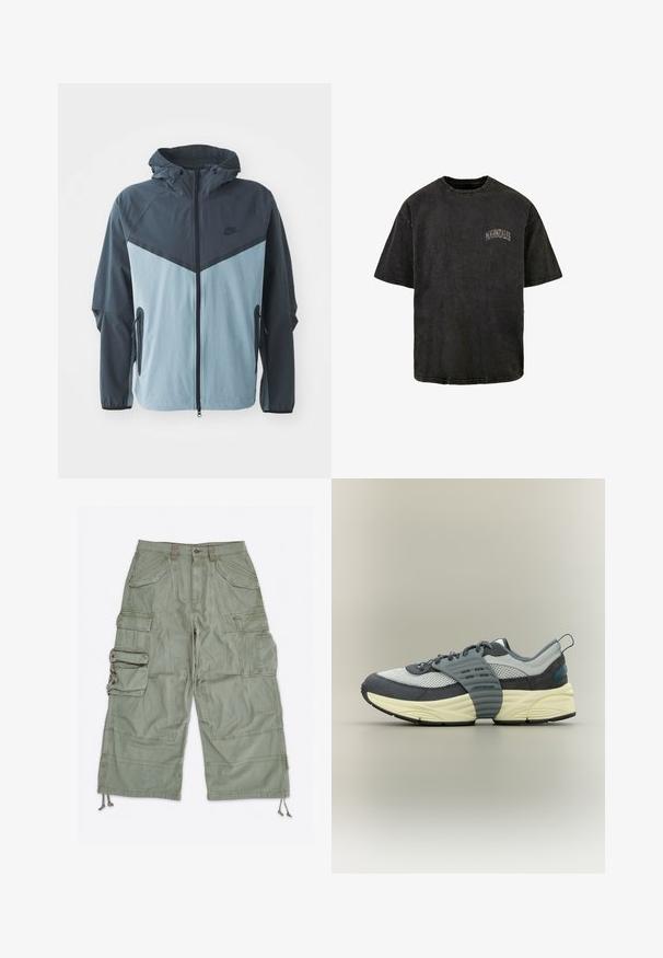 Vindjakke med hætte, frontlynlås, mørkeblå og lyseblå farveblokdesign samt sidelommer med lynlås.; Sort bomulds T-shirt med rund halsudskæring, korte ærmer og broderet logo på venstre forside af brystet. Har en slidt tekstur og rå kant.; Lysegrønne cargoshorts med flere klaplommer, bæltestropper, knaplukning og justerbare snore ved benåbningerne.; Lavtop sneaker med øverste del i gråt mesh og ruskind, cremefarvet mellemsål, sort ydersål og en bred grå rem tværs over mellemfoden.
