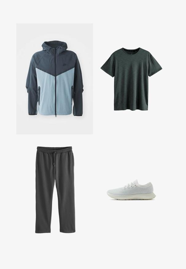 Windbreaker-Jacke mit Kapuze, vorderem Reißverschluss, dunkelblauem und hellblauem Blockdesign sowie seitlichen Reißverschlusstaschen.; Dunkelgraues T-Shirt aus weichem, strukturiertem Stoff. Verfügt über einen klassischen Rundhalsausschnitt und kurze Ärmel mit einem dezenten Muster. Keine sichtbaren Logos.; Graue Sweatpants mit elastischem Bund und verstellbarem Kordelzug. Aus weichem Material gefertigt, mit seitlichen Taschen und lockerer Passform.; Allbirds TREE DASHER - Sneaker low - blizzard sole