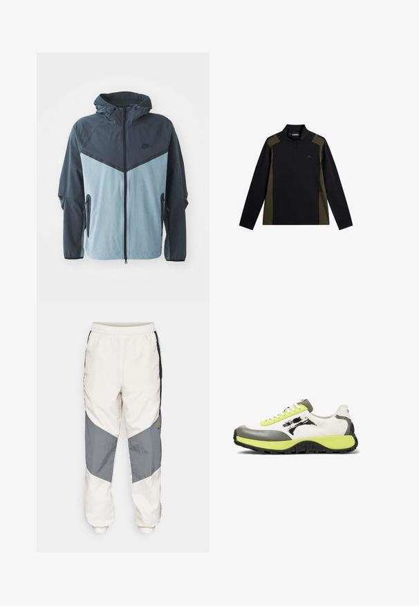 Windbreaker-Jacke mit Kapuze, vorderem Reißverschluss, dunkelblauem und hellblauem Blockdesign sowie seitlichen Reißverschlusstaschen.; Langärmliger Pullover in Schwarz und Olivgrün mit einem kurzen Frontreißverschluss und kleinem Logo auf der Brust.; Nike Sportswear AIR - Jogginghose - orewood/iron grey/black; Die Sneakers verfügen über ein weißes Obermaterial aus Canvas, graue Gummielemente, neongrüne Schnürsenkel, ein auffälliges Logo und eine strukturierte schwarze Sohle für besseren Grip.
