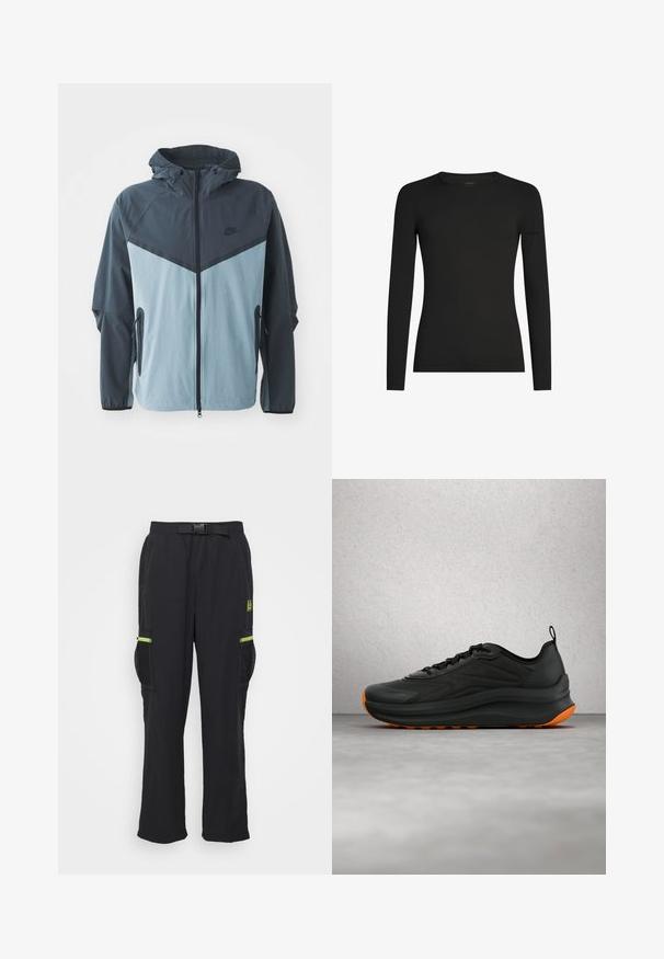 Windbreaker-Jacke mit Kapuze, vorderem Reißverschluss, dunkelblauem und hellblauem Blockdesign sowie seitlichen Reißverschlusstaschen.; Schwarzes, langärmeliges, figurbetontes T-Shirt mit Rundhalsausschnitt und dezentem Icebreaker-Logo auf dem linken Ärmel, dargestellt vor weißem Hintergrund.; Schwarze Cargo-Hosen mit einem Gürtel, ausgestattet mit Mesh-Seitentaschen und grünen Reißverschlussakzenten. Hergestellt aus leichtem Stoff mit lockerer Passform.; Schwarzer Sportschuh mit orangefarbenen Akzenten, der über einem polierten grauen Boden in einem modernen Innenraum mit Glasbausteinen schwebt.