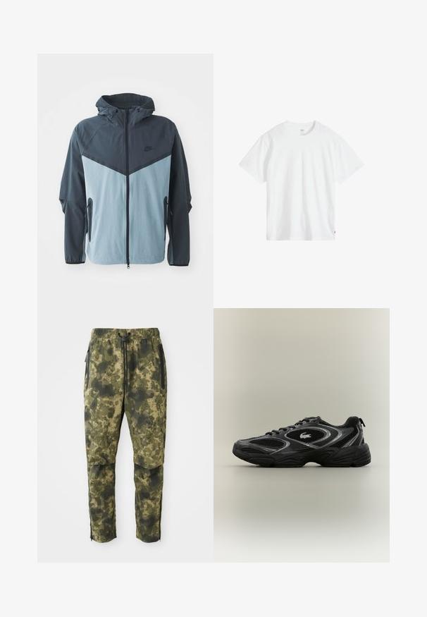 Vindjakke med hætte, frontlynlås, mørkeblå og lyseblå farveblokdesign samt sidelommer med lynlås.; Hvid bomulds-T-shirt med rund hals, korte ærmer og afslappet pasform. Har et lille mærke nederst til venstre.; Kamuflagebukser i forskellige nuancer af grøn med et digitalt mønster. Har elastisk talje, snor og sidelommer med lynlås.; Sort og grå atletisk sneaker med mesh-paneler, snørebåndsdesign, tyk sål og et lille krokodillelogo på siden.