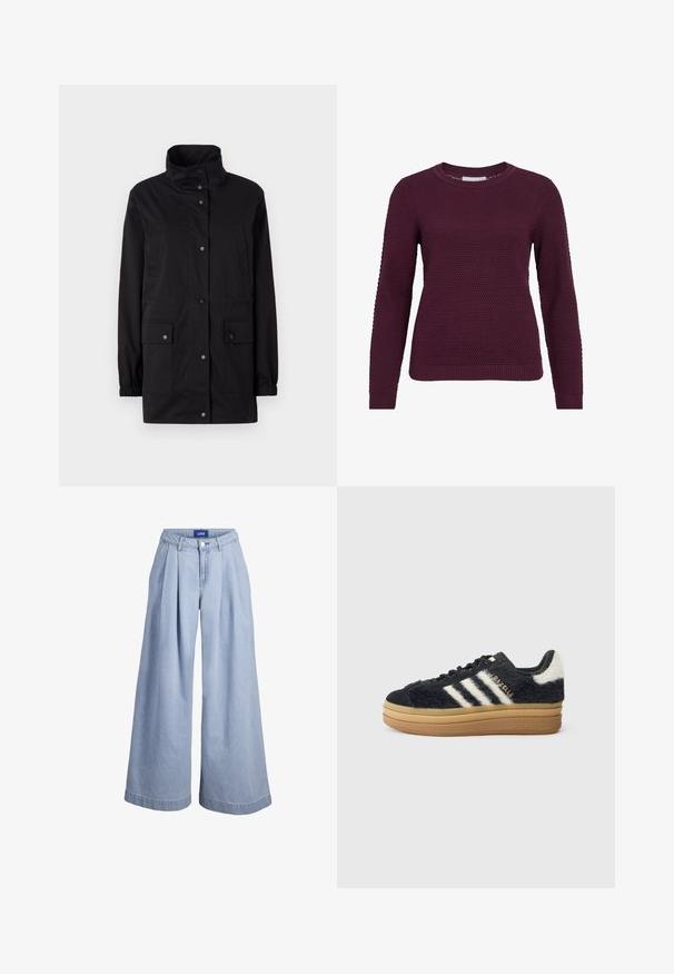 Sort, mellemlang jakke med høj krave, elastiske manchetter, frontlukning med knapper og to sidelommer. Glat, vandafvisende stof.; Bordeaux pullover sweater med et struktureret, honningkagesmønster, rund hals, lange ærmer og ribbede manchetter og kant.; Lyseblå vidde jeansbukser med læg foran, knaplukning og JJXX-mærke på det indvendige linning.; Sorte, langhårede sneakers med hvide striber og gyldent skrift, der har en tyk gummisål og struktureret overdel. Pyntet med en fluffy bagside.